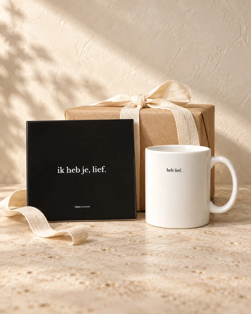 Zwarte tegel met ‘ik heb je, lief.’ en een witte ‘heb lief.’ mok naast een cadeautje met een lint.