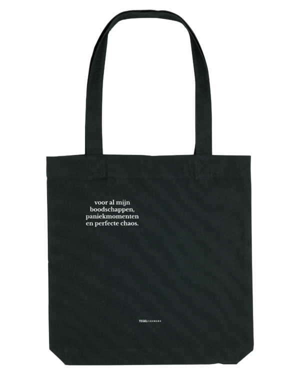 Tegeltjeswerk Tote Bag - voor al mijn boodschappen, paniekmomenten en perfecte chaos - zwart - 300 grams
