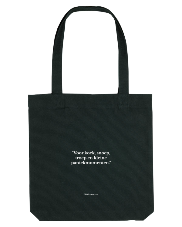 Tegeltjeswerk Tote Bag - voor koek, snoep, troep en kleine paniekmomenten - zwart - 300 grams