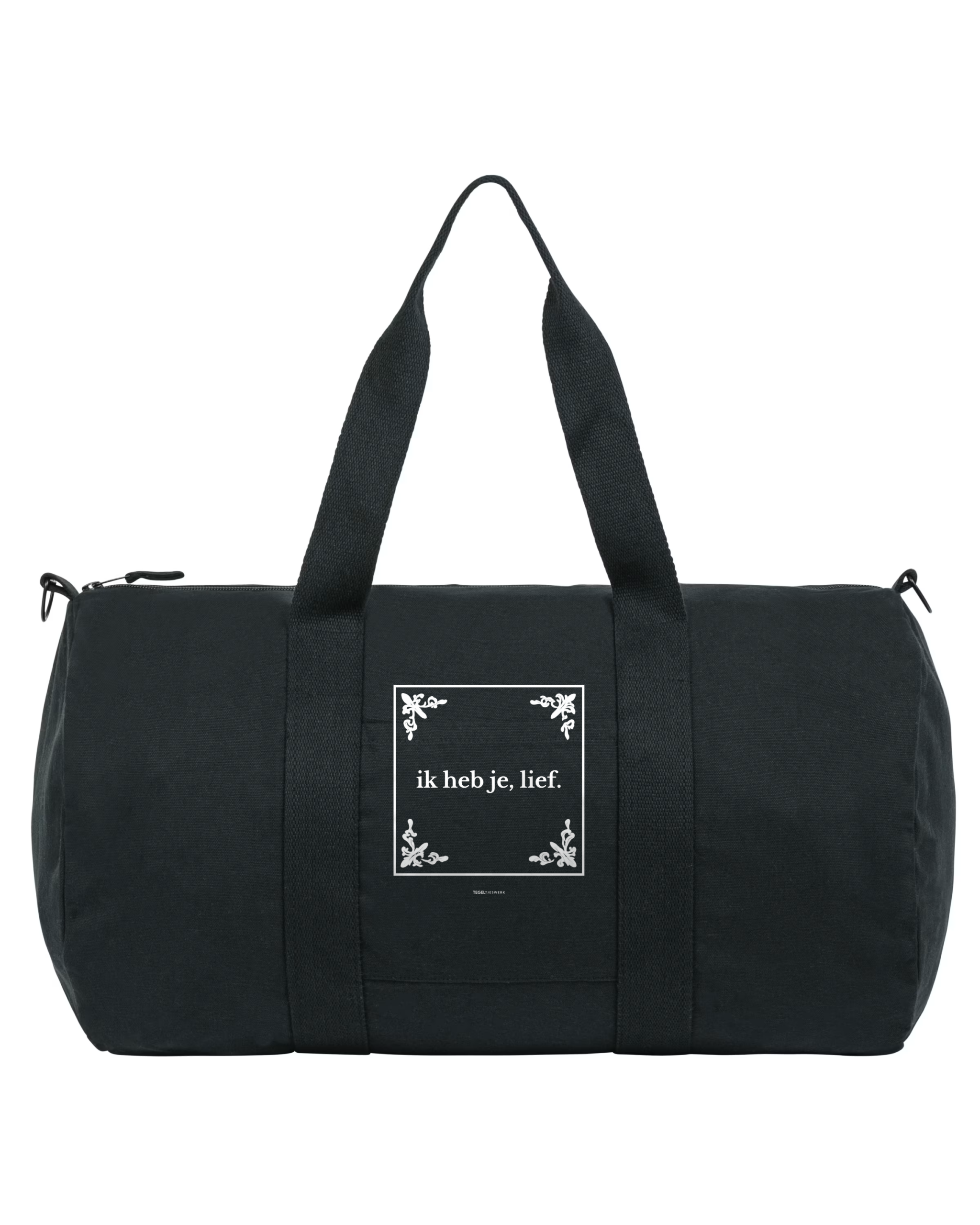 Tegeltjeswerk duffle bag - ik heb je, lief - zwart - 300 grams